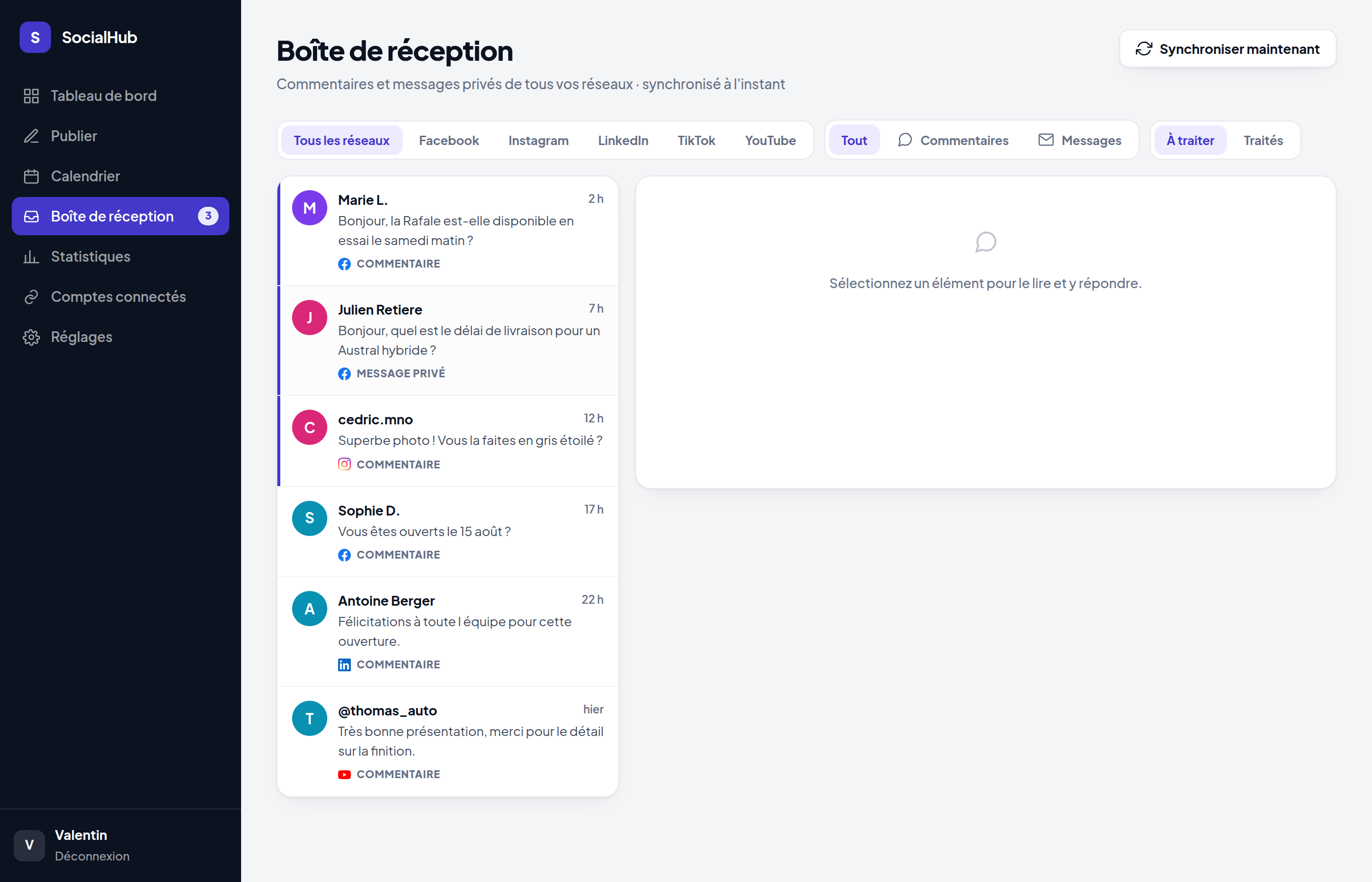 La boîte de réception unifiée, avec ses filtres par réseau et par type.